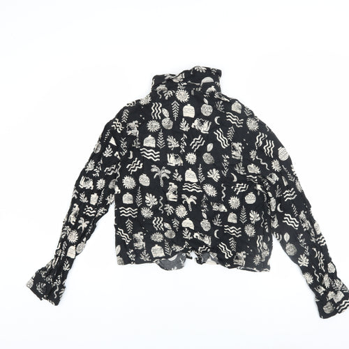 Pull&Bear Women's Black Cropped High Neck Long Sleeve Bohemian Blouse Size S