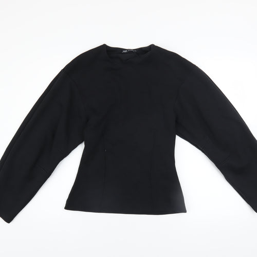 ZARA Women Black Pullover Sweatshirt Medium Cotton Blend Crew Neck