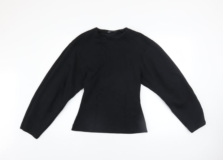 ZARA Women Black Pullover Sweatshirt Medium Cotton Blend Crew Neck