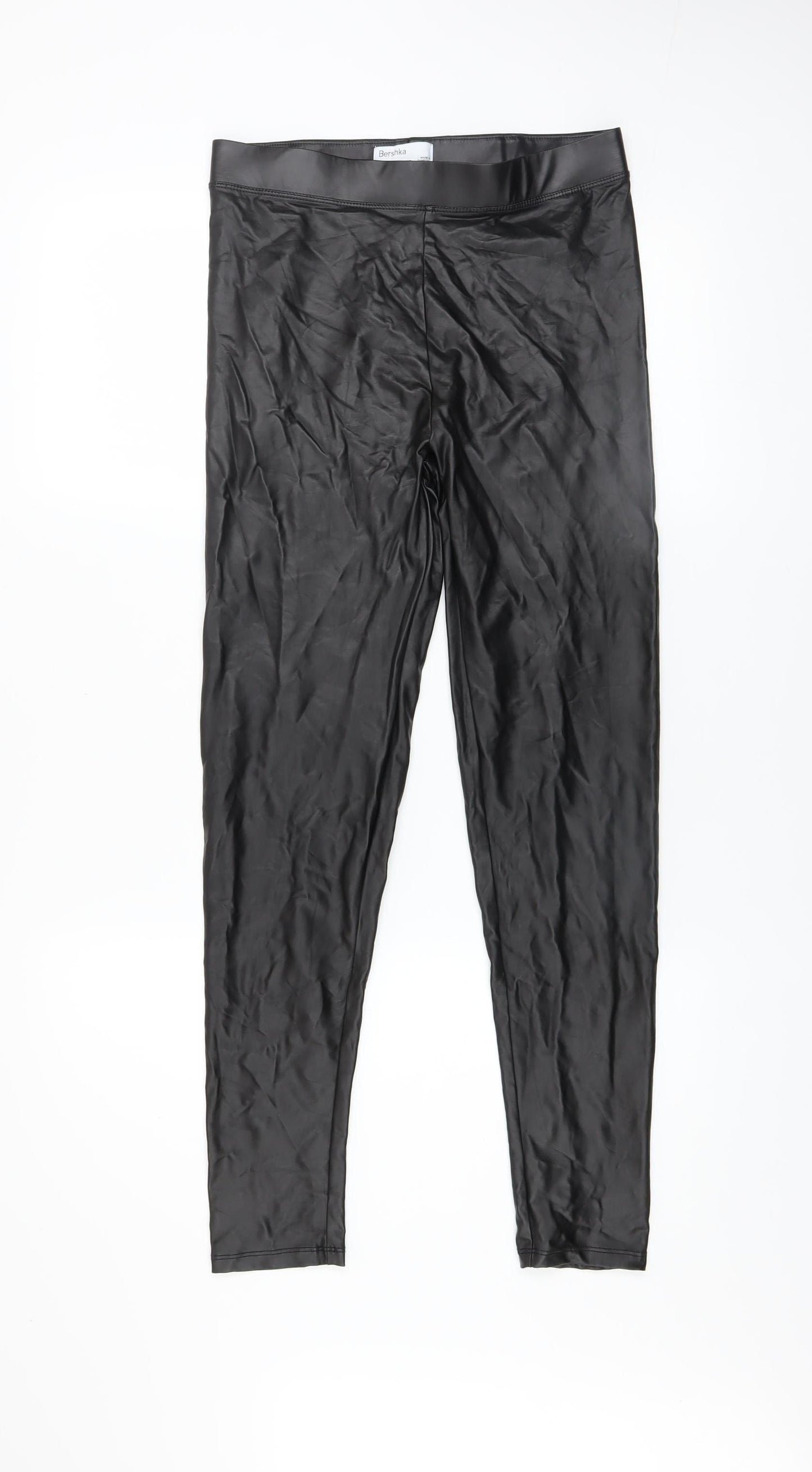 Bershka Women Black Faux Leather Leggings M Slim Fit Stretch