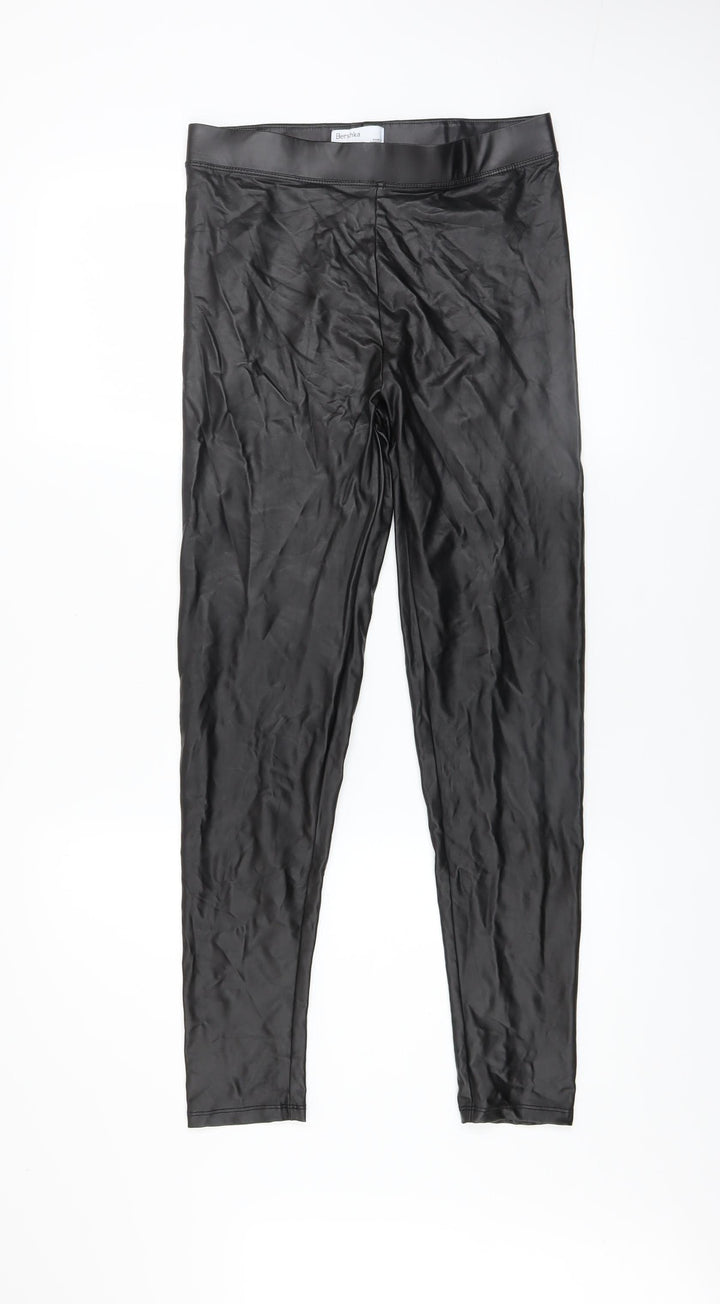 Bershka Women Black Faux Leather Leggings M Slim Fit Stretch