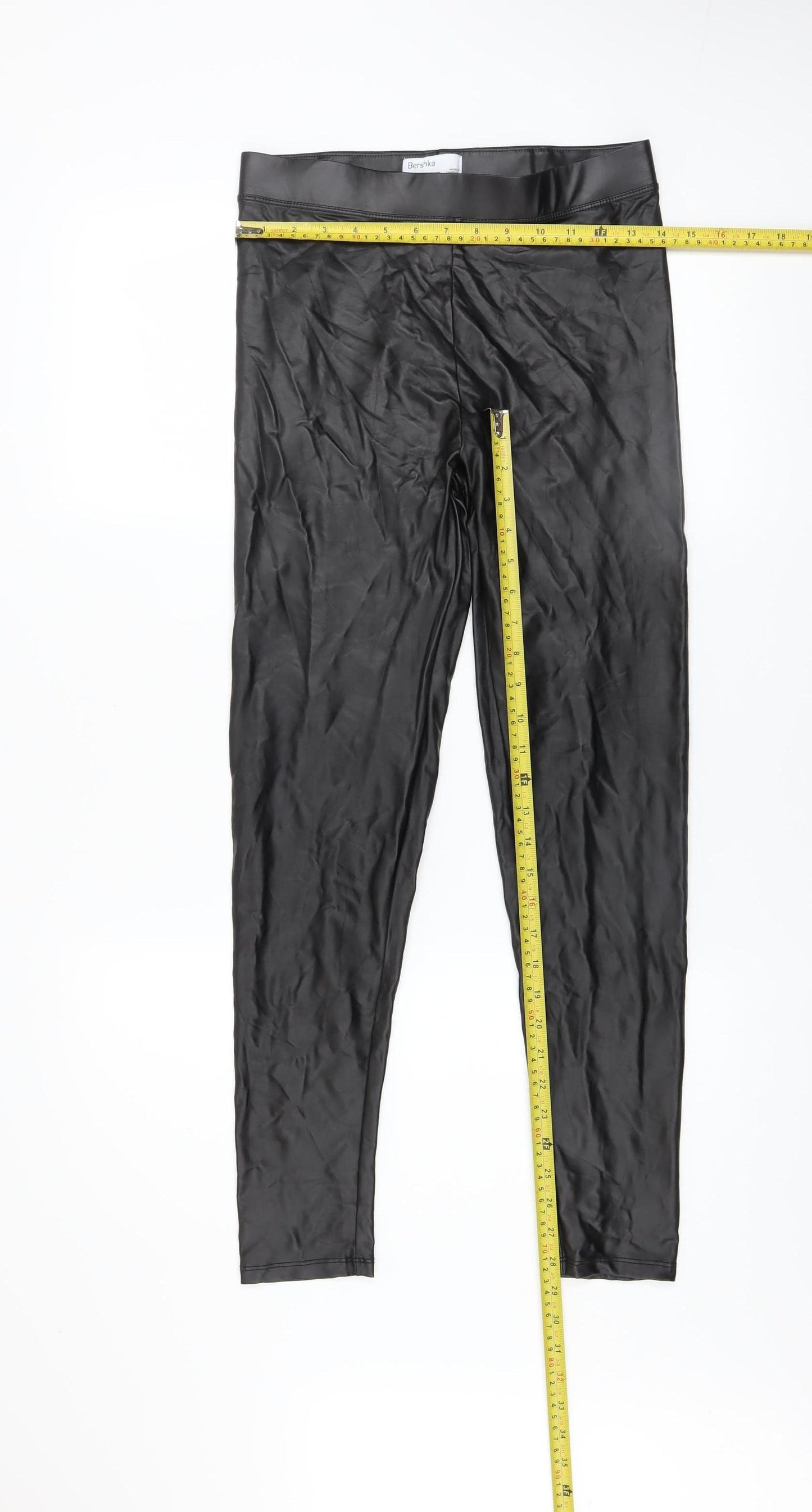 Bershka Women Black Faux Leather Leggings M Slim Fit Stretch