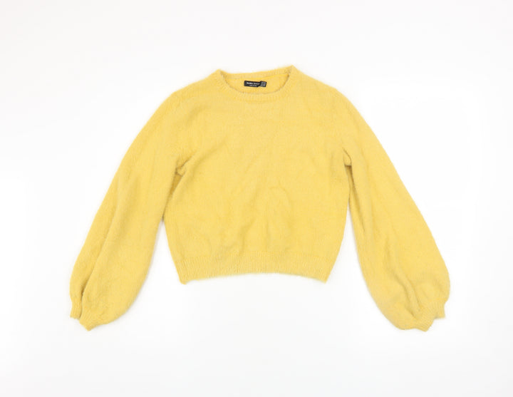 Bershka Girls Yellow Pullover Jumper XS Soft Knit Crew Neck Sweater
