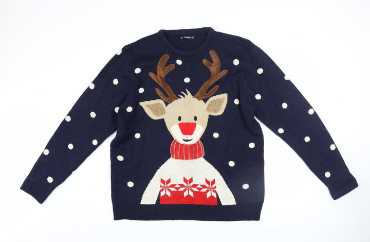Dunnes Stores Men's Blue Reindeer Christmas Jumper XL Crew Neck Knit