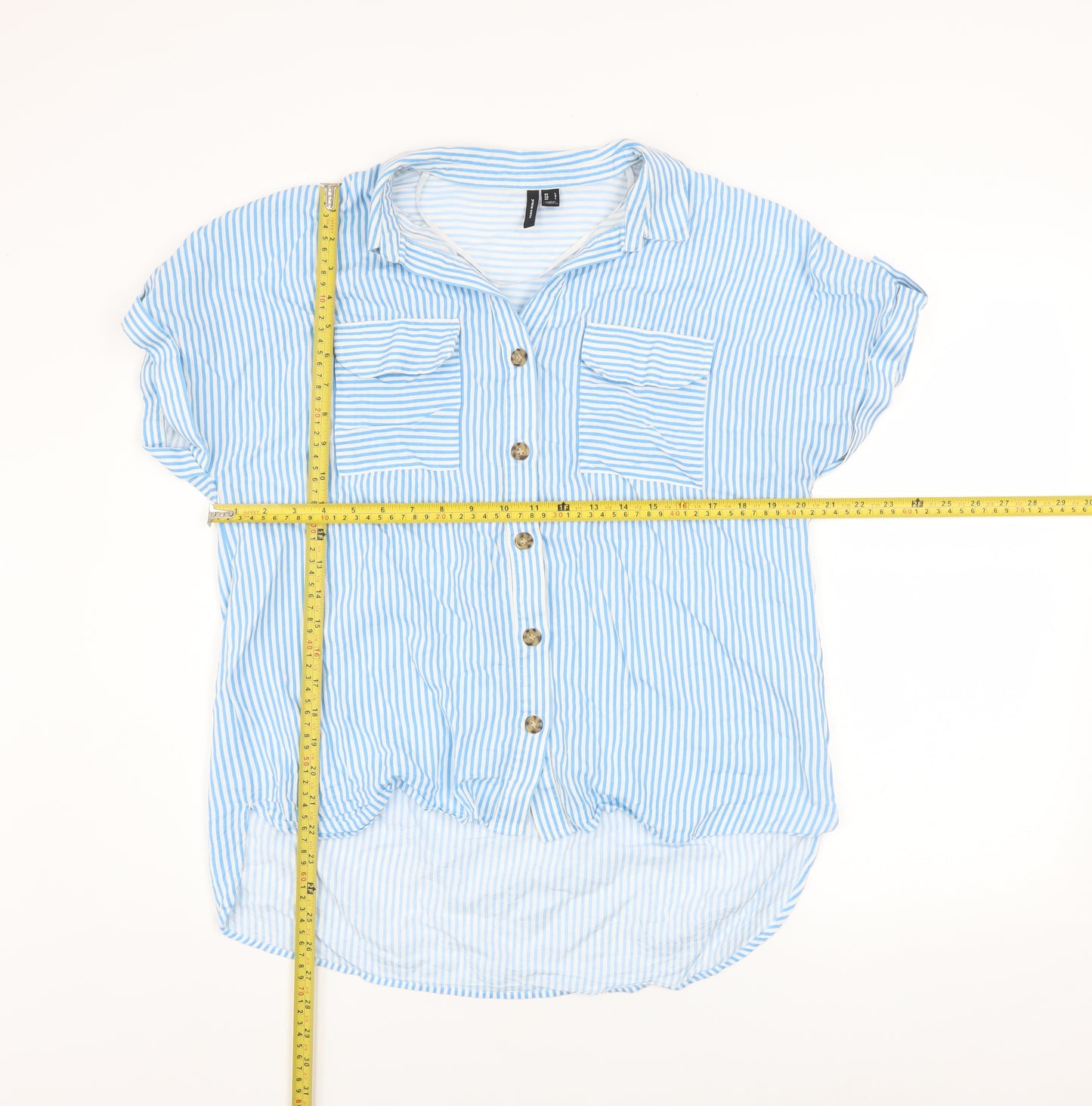 Vero Moda Women’s Blue Striped Button-Up Short Sleeve Shirt Size L