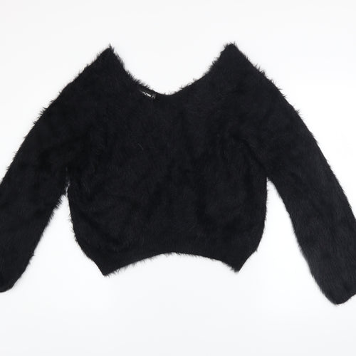 PrettyLittleThing Women’s Black V-Neck Fluffy Knit Jumper Size 8