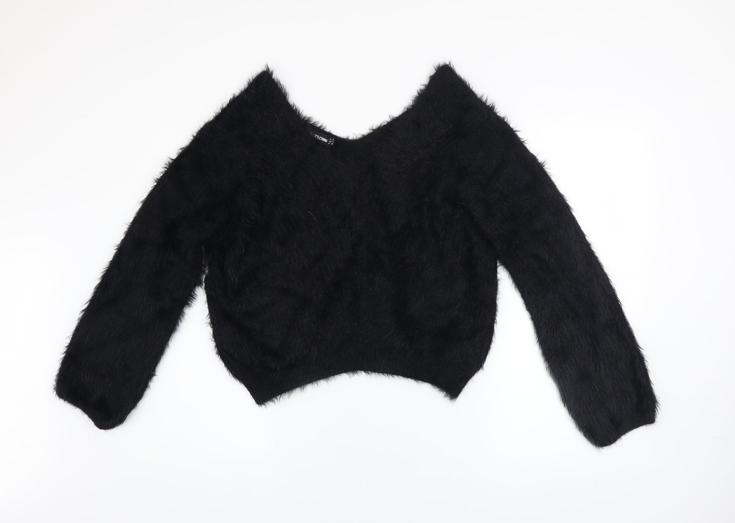 PrettyLittleThing Women’s Black V-Neck Fluffy Knit Jumper Size 8