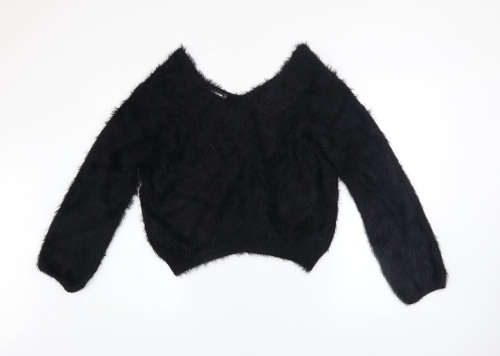 PrettyLittleThing Women’s Black V-Neck Fluffy Knit Jumper Size 8