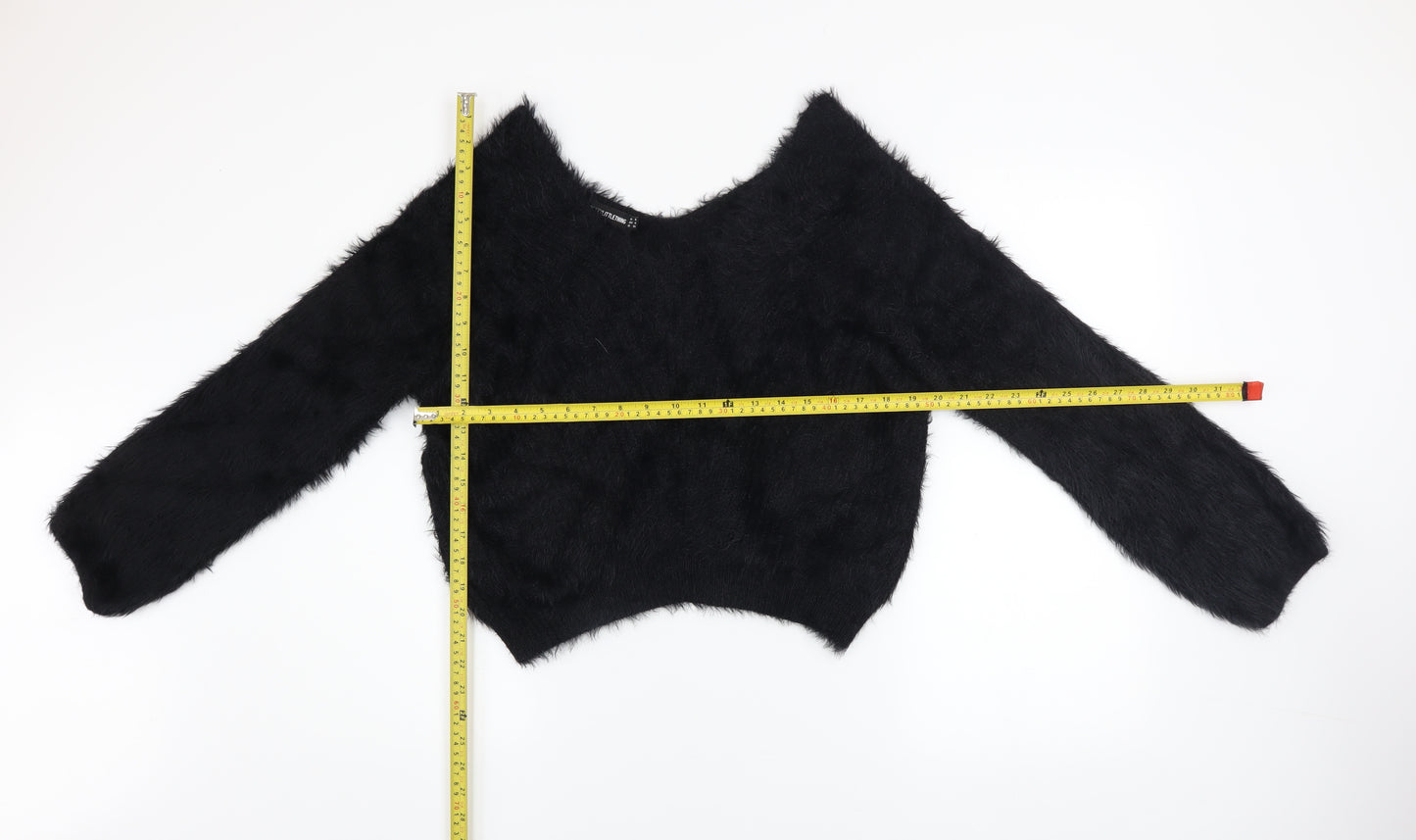 PrettyLittleThing Women’s Black V-Neck Fluffy Knit Jumper Size 8