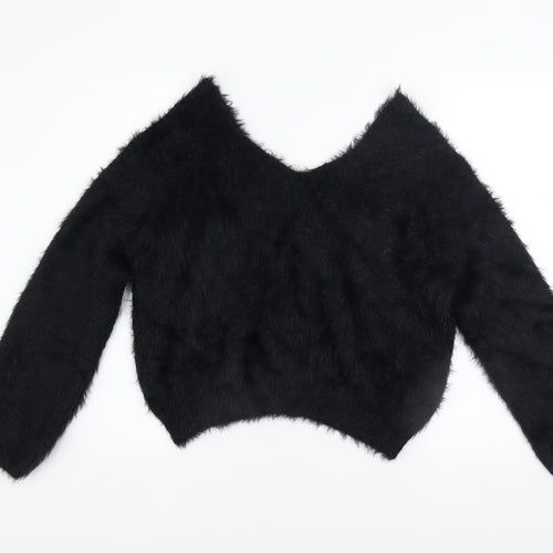 PrettyLittleThing Women’s Black V-Neck Fluffy Knit Jumper Size 8
