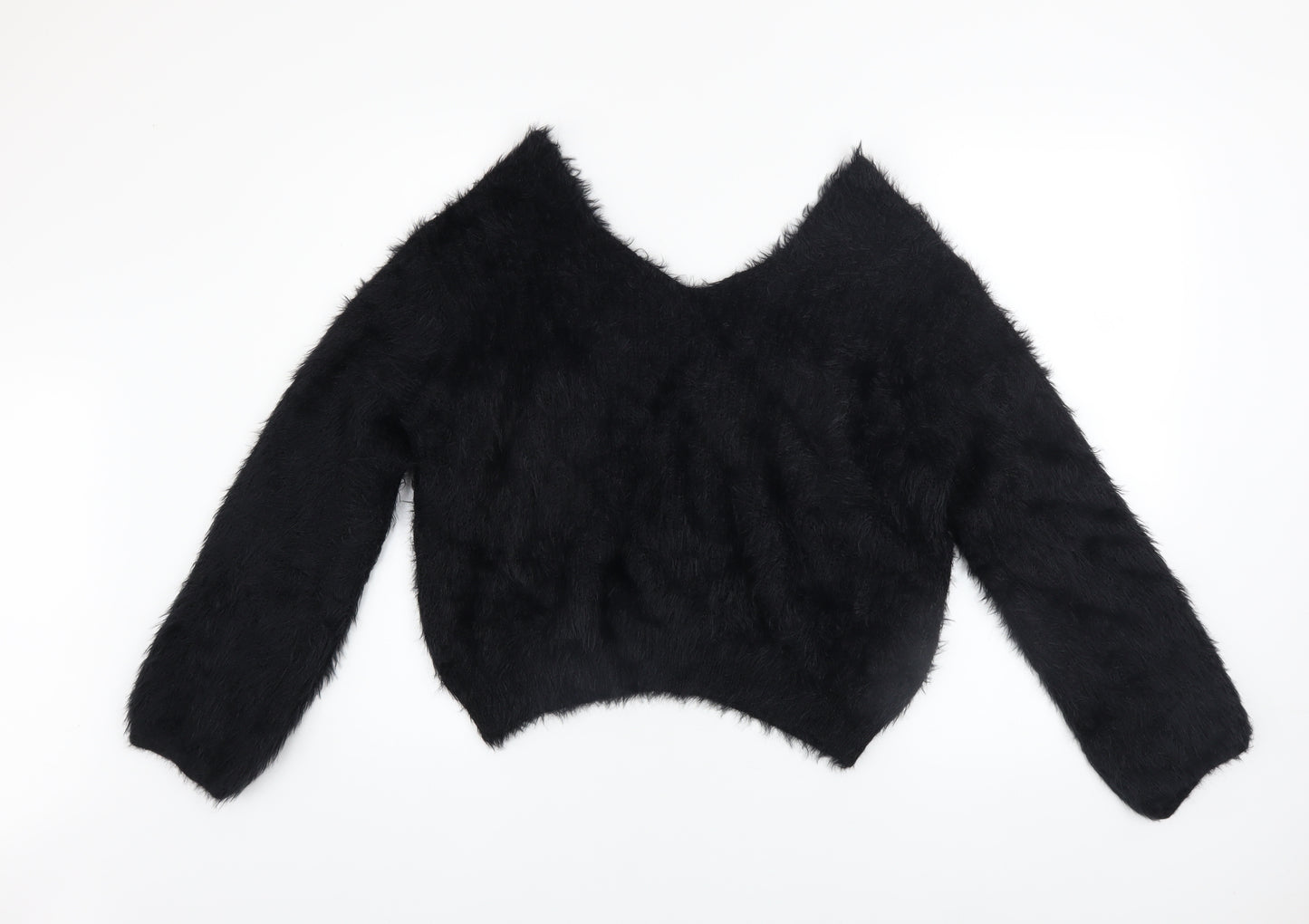 PrettyLittleThing Women’s Black V-Neck Fluffy Knit Jumper Size 8