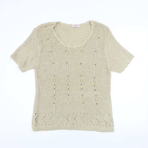 Damart Women’s Beige Knit Beaded Short Sleeve Blouse Size 18/20