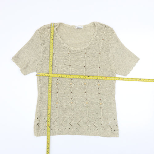 Damart Women’s Beige Knit Beaded Short Sleeve Blouse Size 18/20