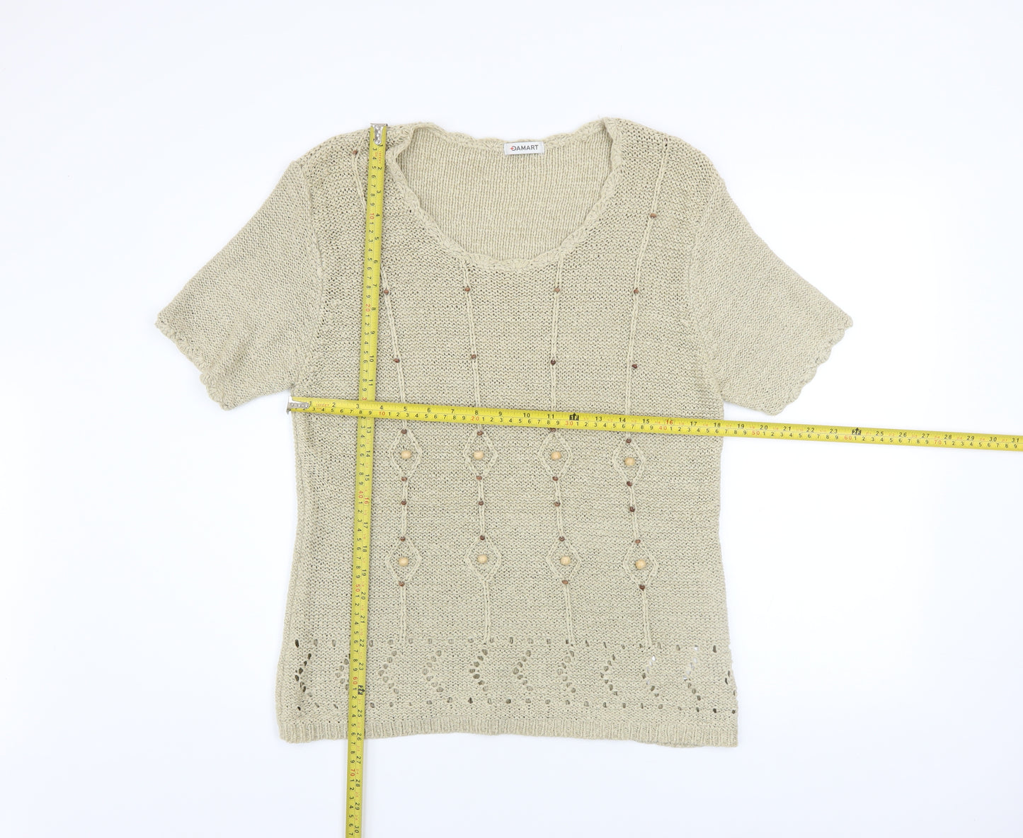 Damart Women’s Beige Knit Beaded Short Sleeve Blouse Size 18/20