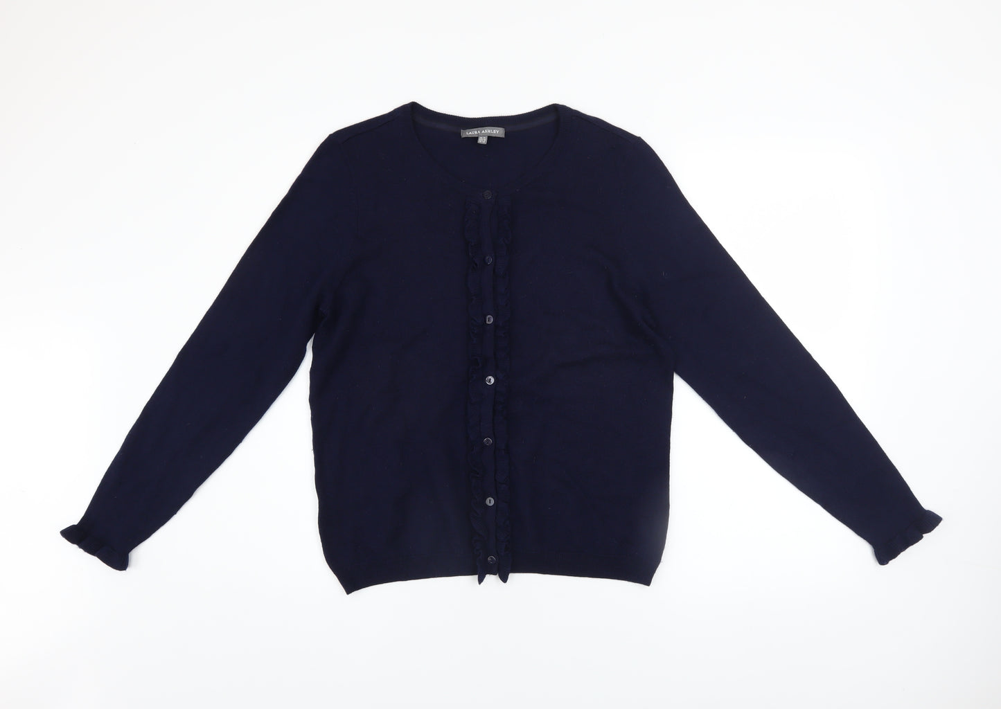 Laura Ashley Women's Blue Wool Blend Ruffle Cardigan Size 14