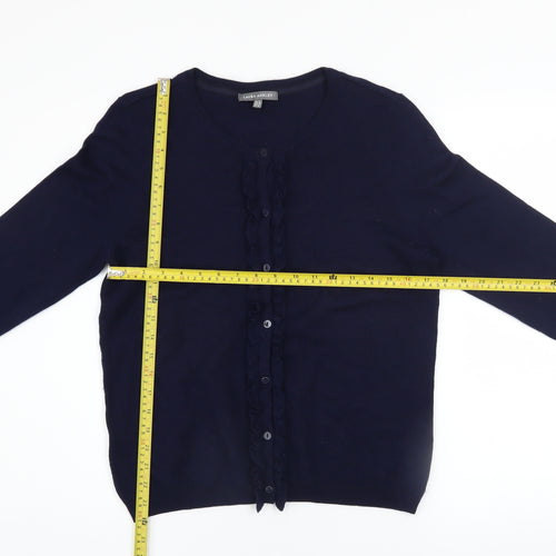 Laura Ashley Women's Blue Wool Blend Ruffle Cardigan Size 14