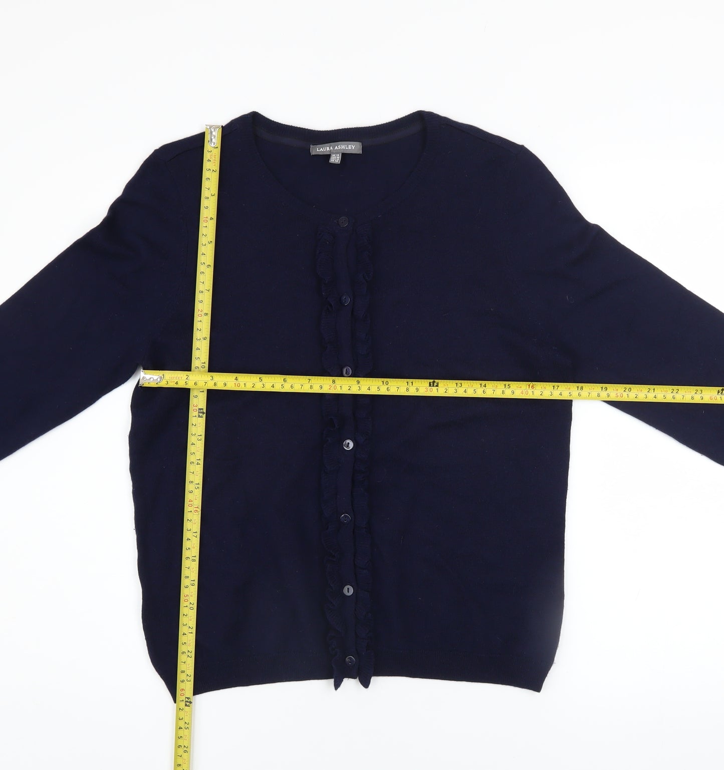 Laura Ashley Women's Blue Wool Blend Ruffle Cardigan Size 14