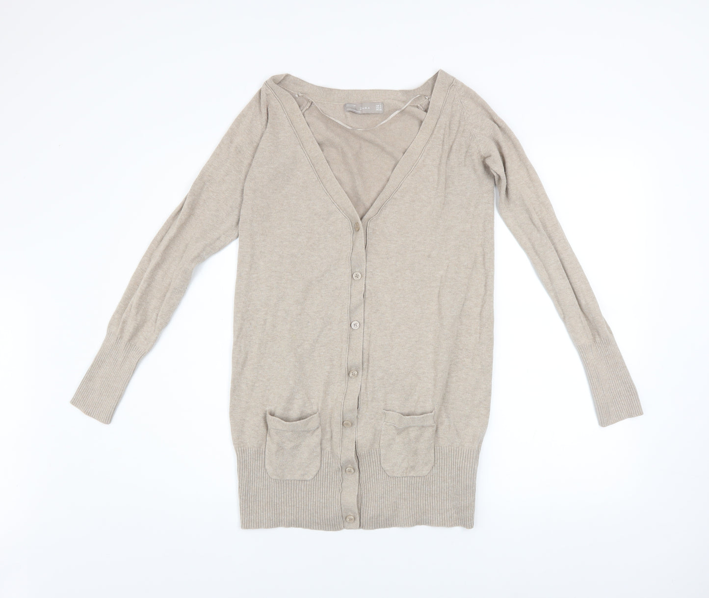 Zara Men Beige Cotton Knit Cardigan S Regular Fit Long Sleeve