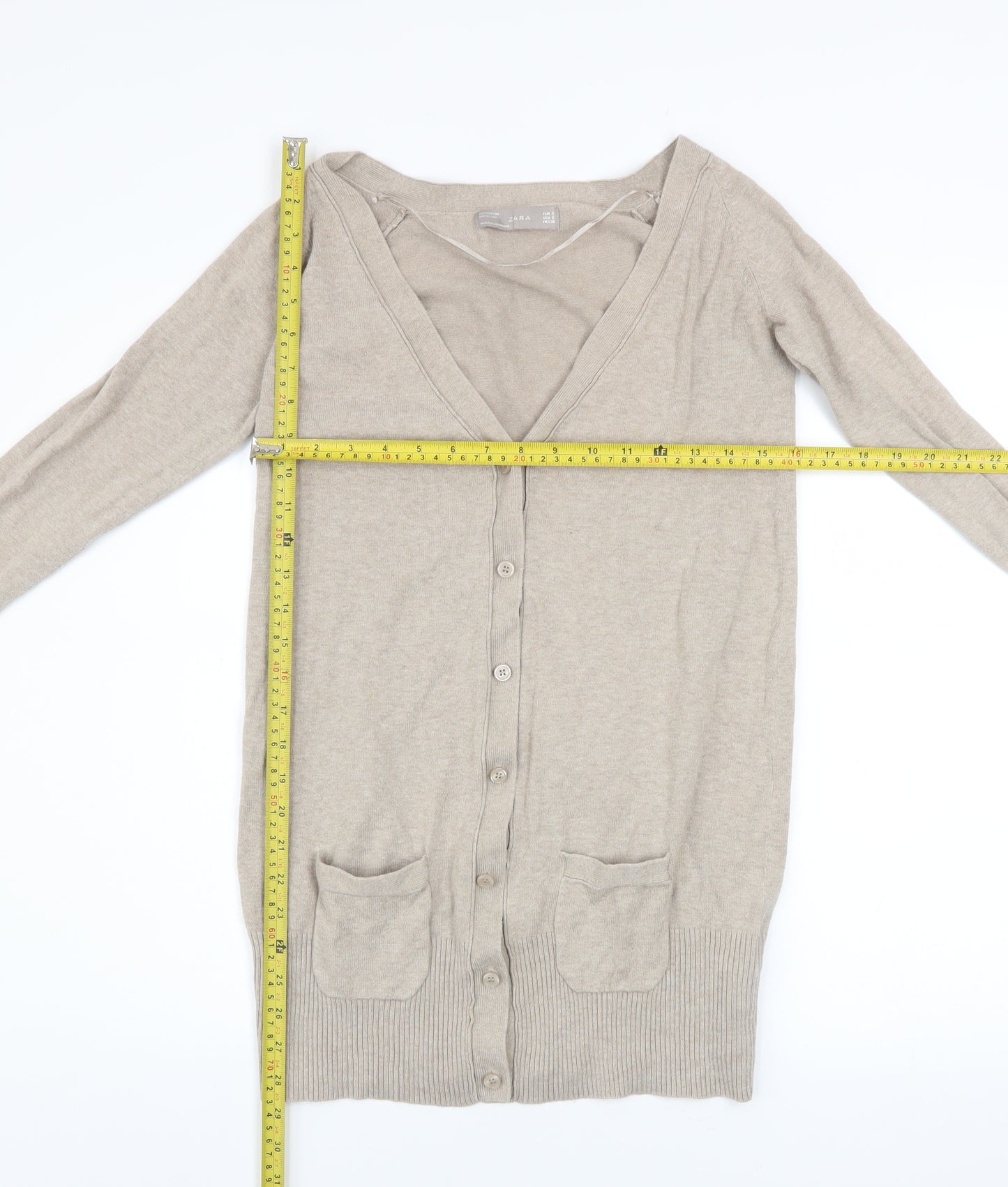 Zara Men Beige Cotton Knit Cardigan S Regular Fit Long Sleeve