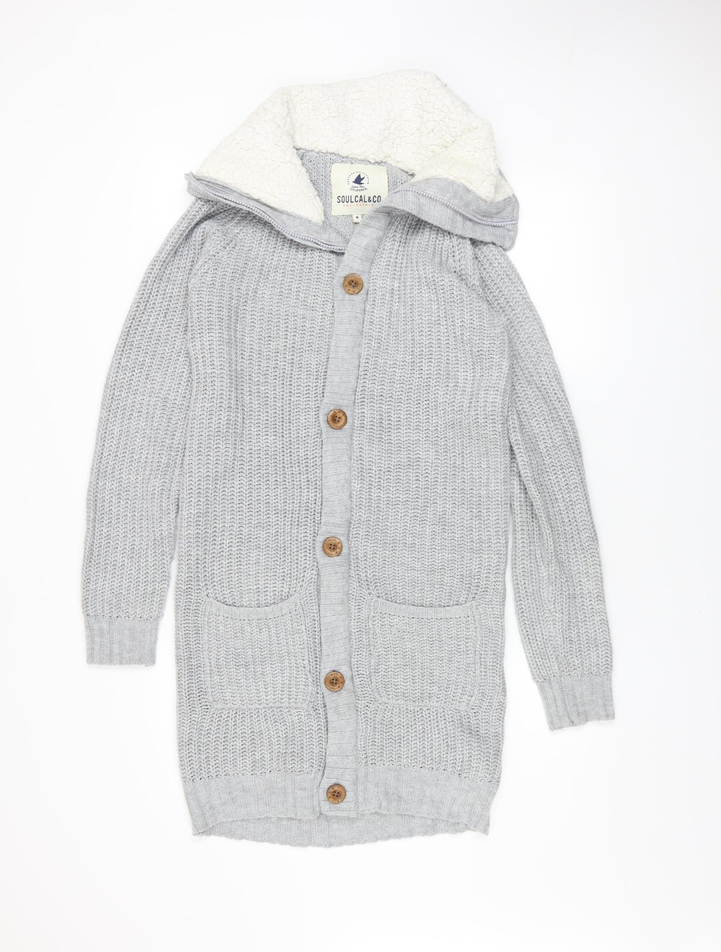 SoulCal & Co Womens Grey Hooded Lined Knit Coatigan Size 8