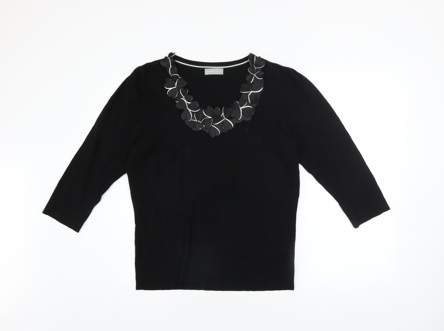 Marks and Spencer Per Una Womens Black Viscose Blend V-Neck 3/4 Sleeve Jumper Size 16