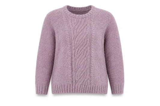 Front view of Isle Women’s Purple Cable-Knit Crew Neck Jumper, size M, 14-16