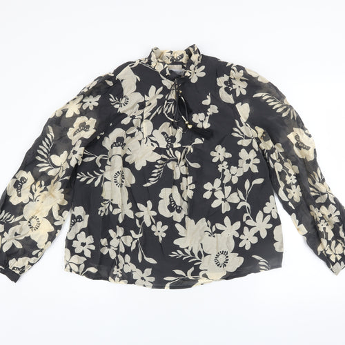 Gallery Women's Black Ivory Floral Long Sleeve Lyocell Blouse Size 12