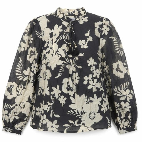Gallery Women's Black Ivory Floral Long Sleeve Lyocell Blouse Size 12