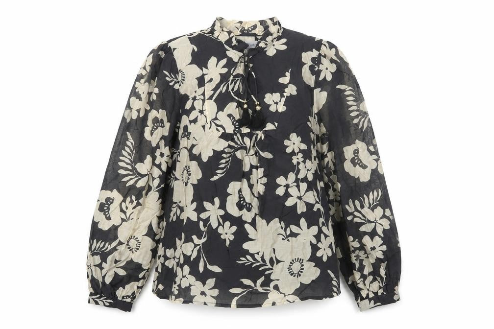 Gallery Women's Black Ivory Floral Long Sleeve Lyocell Blouse Size 12