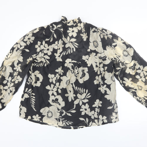 Gallery Women's Black Ivory Floral Long Sleeve Lyocell Blouse Size 12