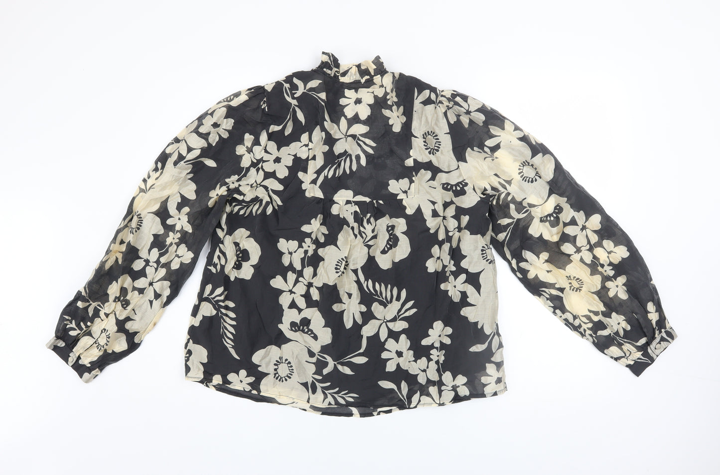 Gallery Women's Black Ivory Floral Long Sleeve Lyocell Blouse Size 12