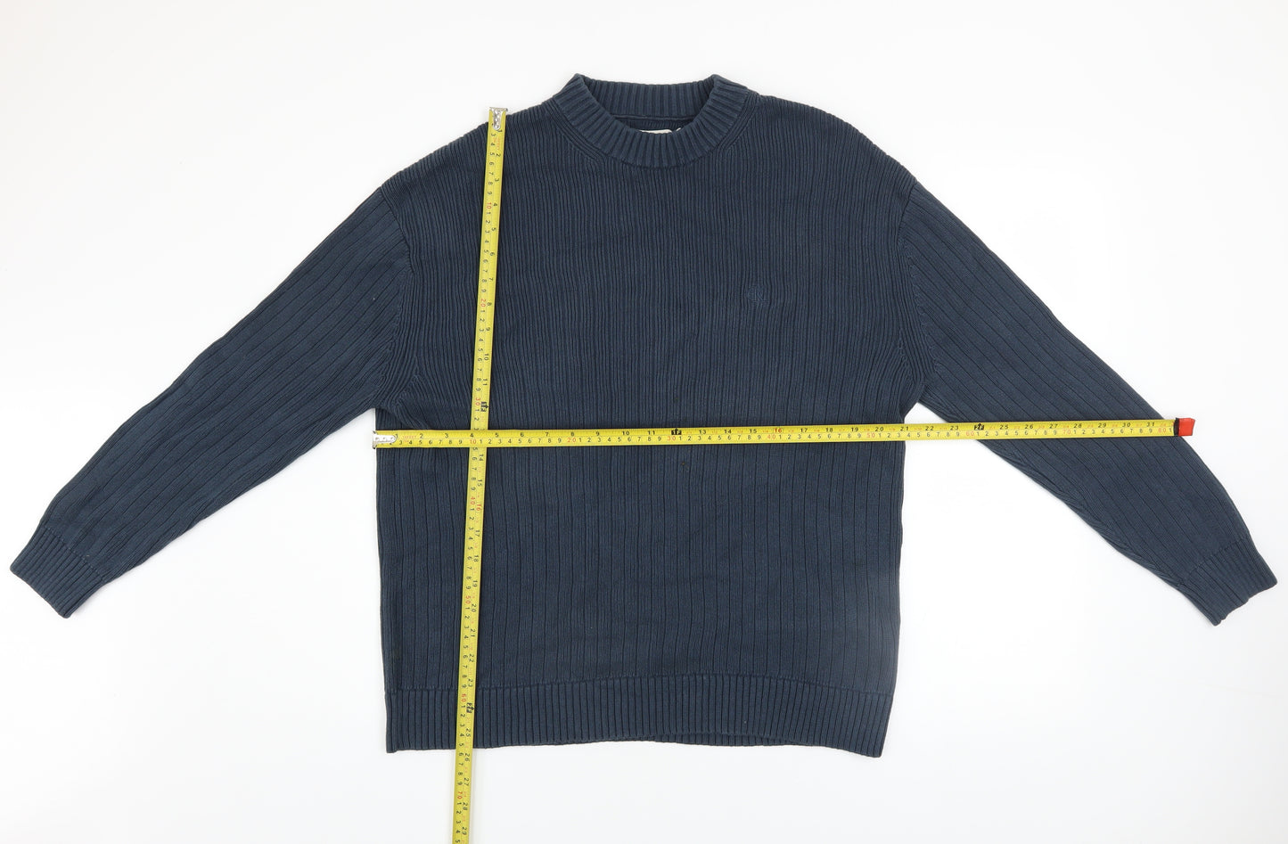 Calvin Klein Jeans Men's Blue Cotton Ribbed Crew Neck Jumper Size M