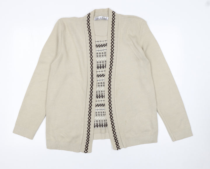 Pure & Natural Women's Beige Knit Cardigan M V-Neck Geometric Pattern