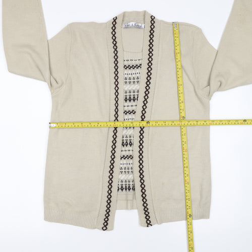 Pure & Natural Women's Beige Knit Cardigan M V-Neck Geometric Pattern