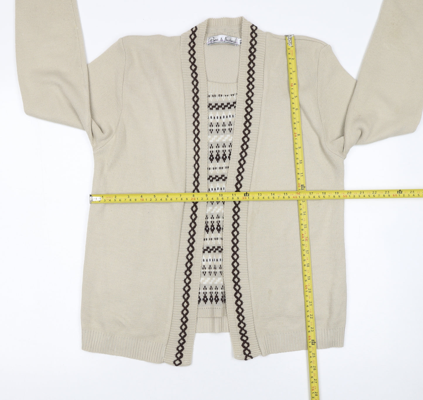 Pure & Natural Women's Beige Knit Cardigan M V-Neck Geometric Pattern