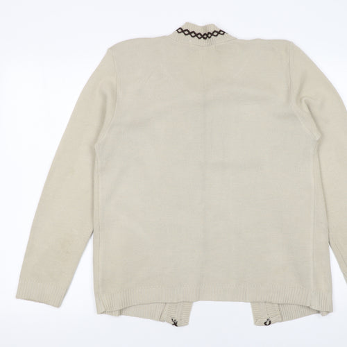 Pure & Natural Women's Beige Knit Cardigan M V-Neck Geometric Pattern