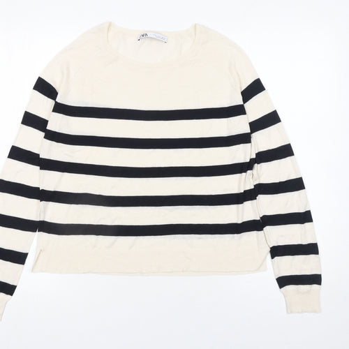 Zara Women’s Ivory Black Striped Cotton Knit Pullover Jumper Size 12