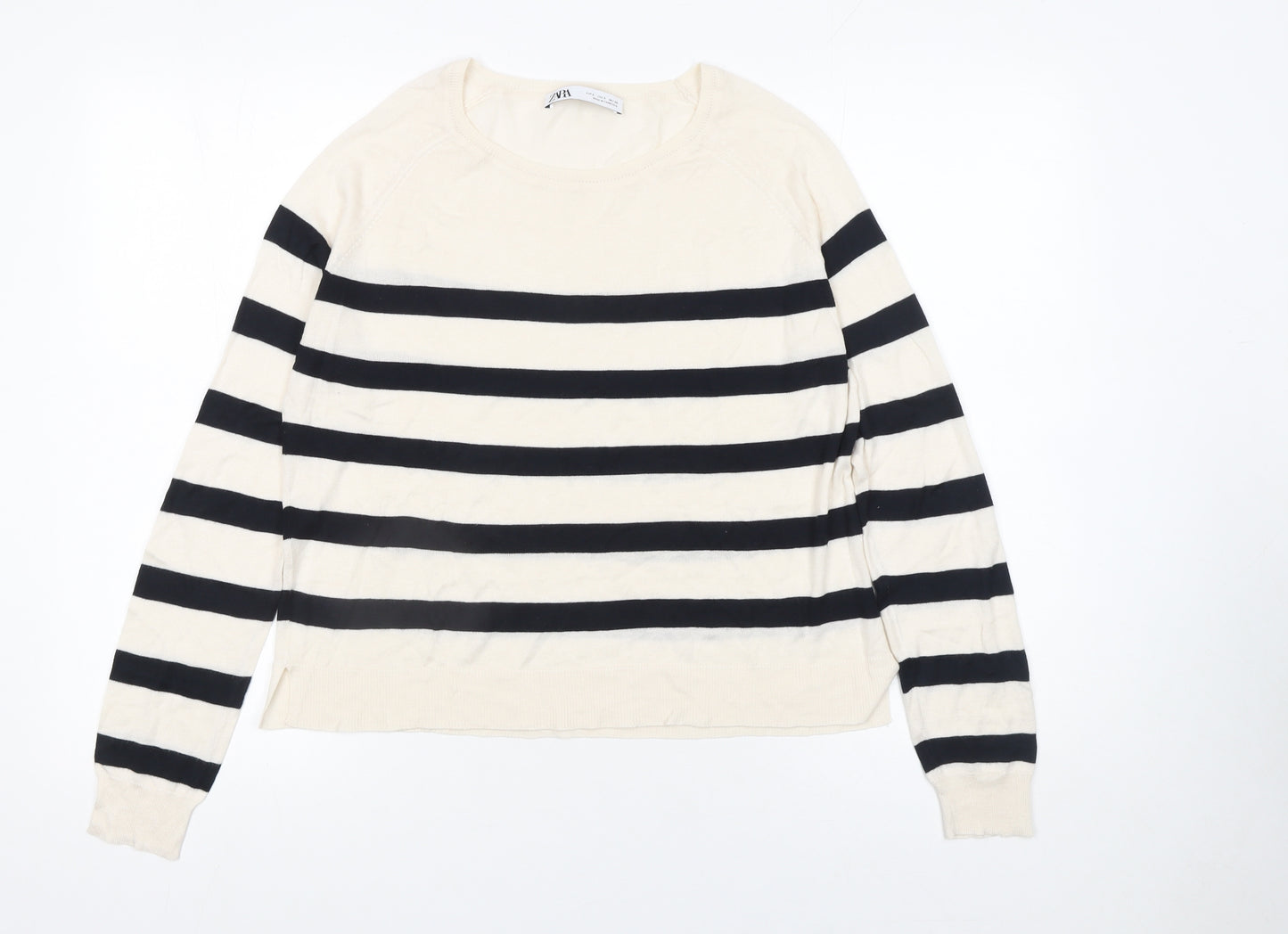 Zara Women’s Ivory Black Striped Cotton Knit Pullover Jumper Size 12