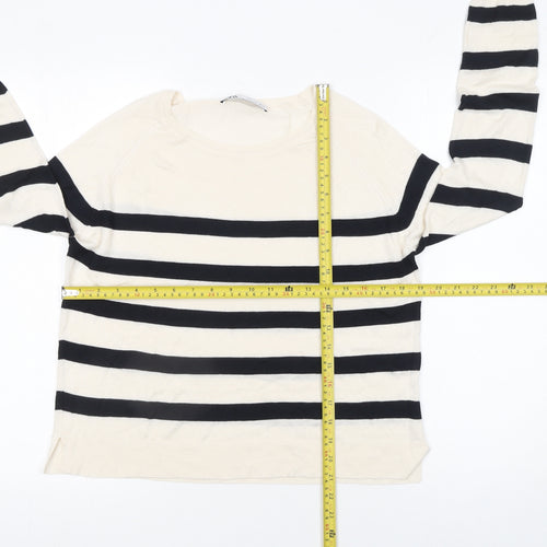 Zara Women’s Ivory Black Striped Cotton Knit Pullover Jumper Size 12