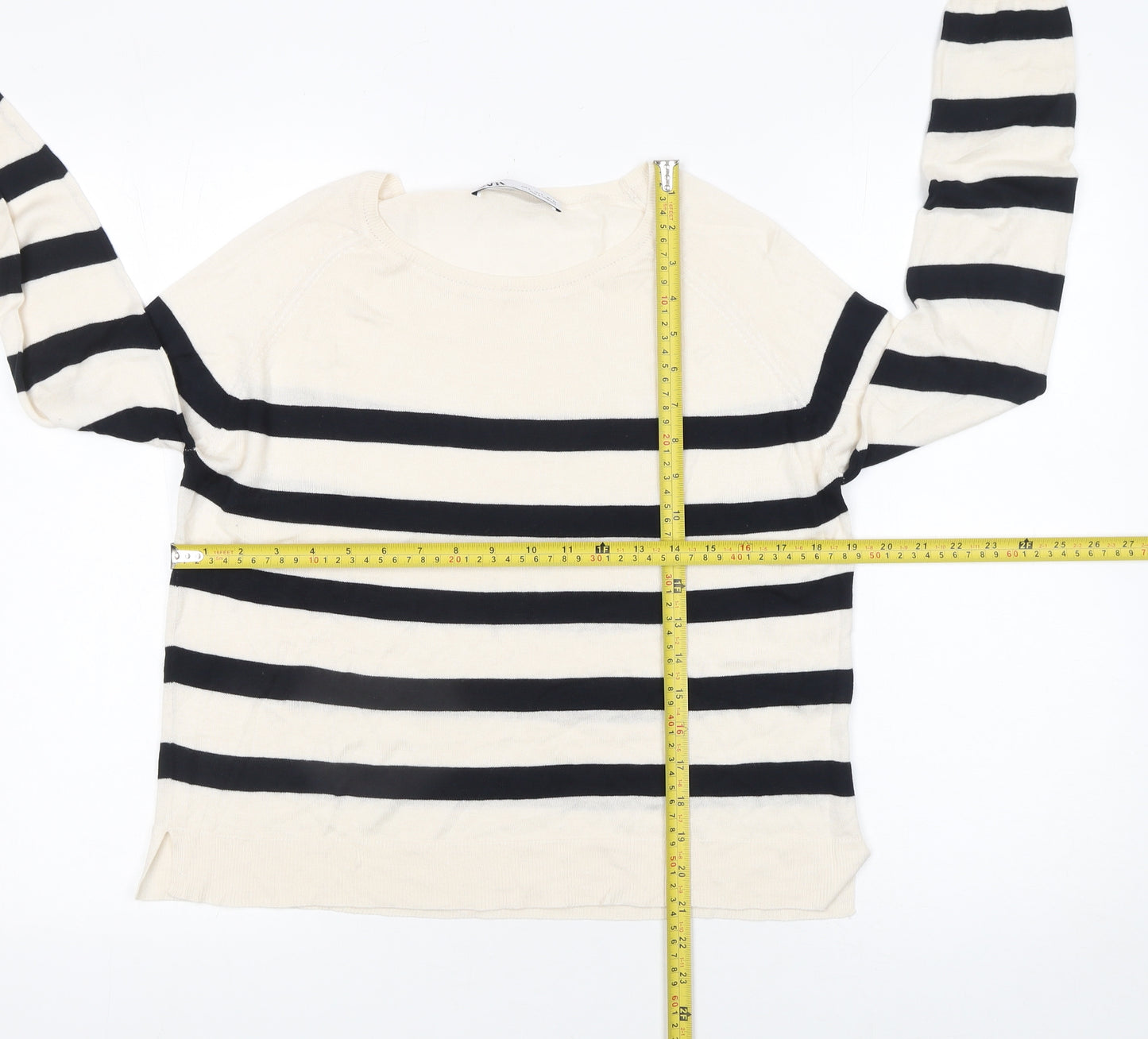 Zara Women’s Ivory Black Striped Cotton Knit Pullover Jumper Size 12