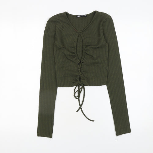 Zara Women Green Cropped Long Sleeve V-Neck Drawstring Top Size S