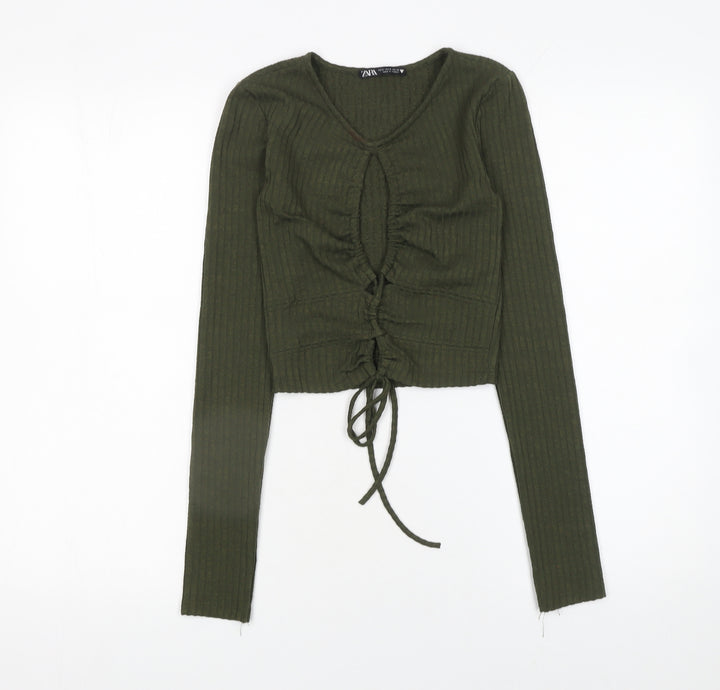 Zara Women Green Cropped Long Sleeve V-Neck Drawstring Top Size S