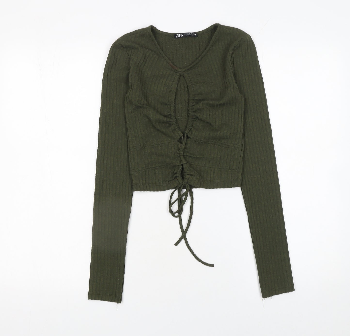 Zara Women Green Cropped Long Sleeve V-Neck Drawstring Top Size S