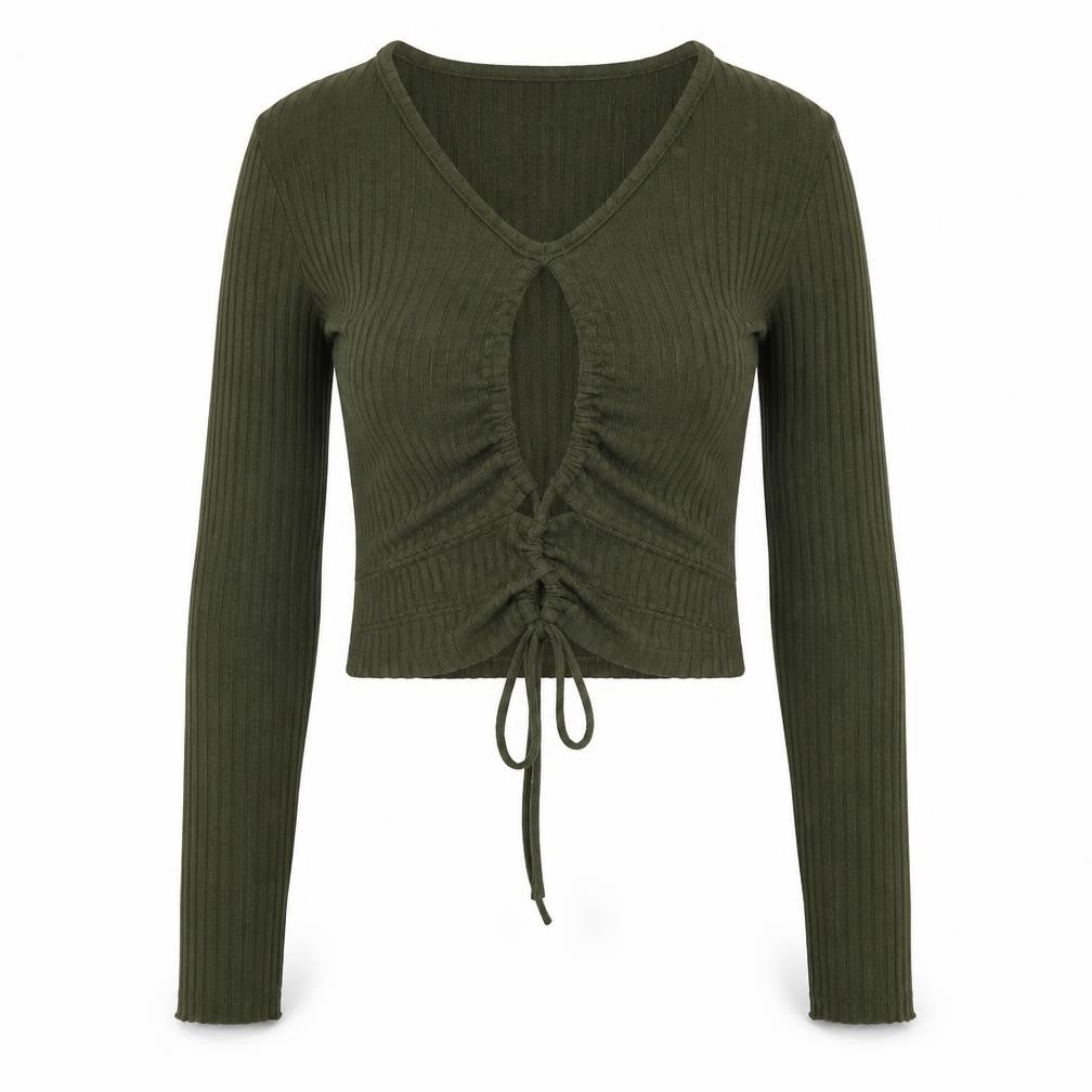 Front view of Zara Women Green Cropped Long Sleeve V-Neck Drawstring Top, size S