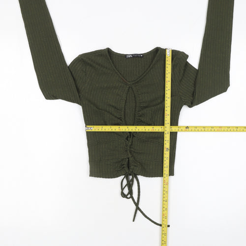 Zara Women Green Cropped Long Sleeve V-Neck Drawstring Top Size S