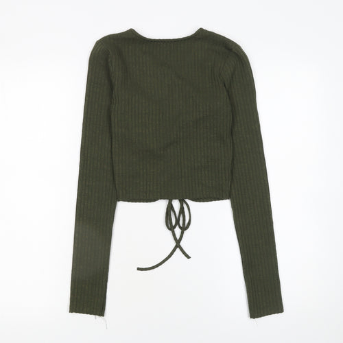 Zara Women Green Cropped Long Sleeve V-Neck Drawstring Top Size S