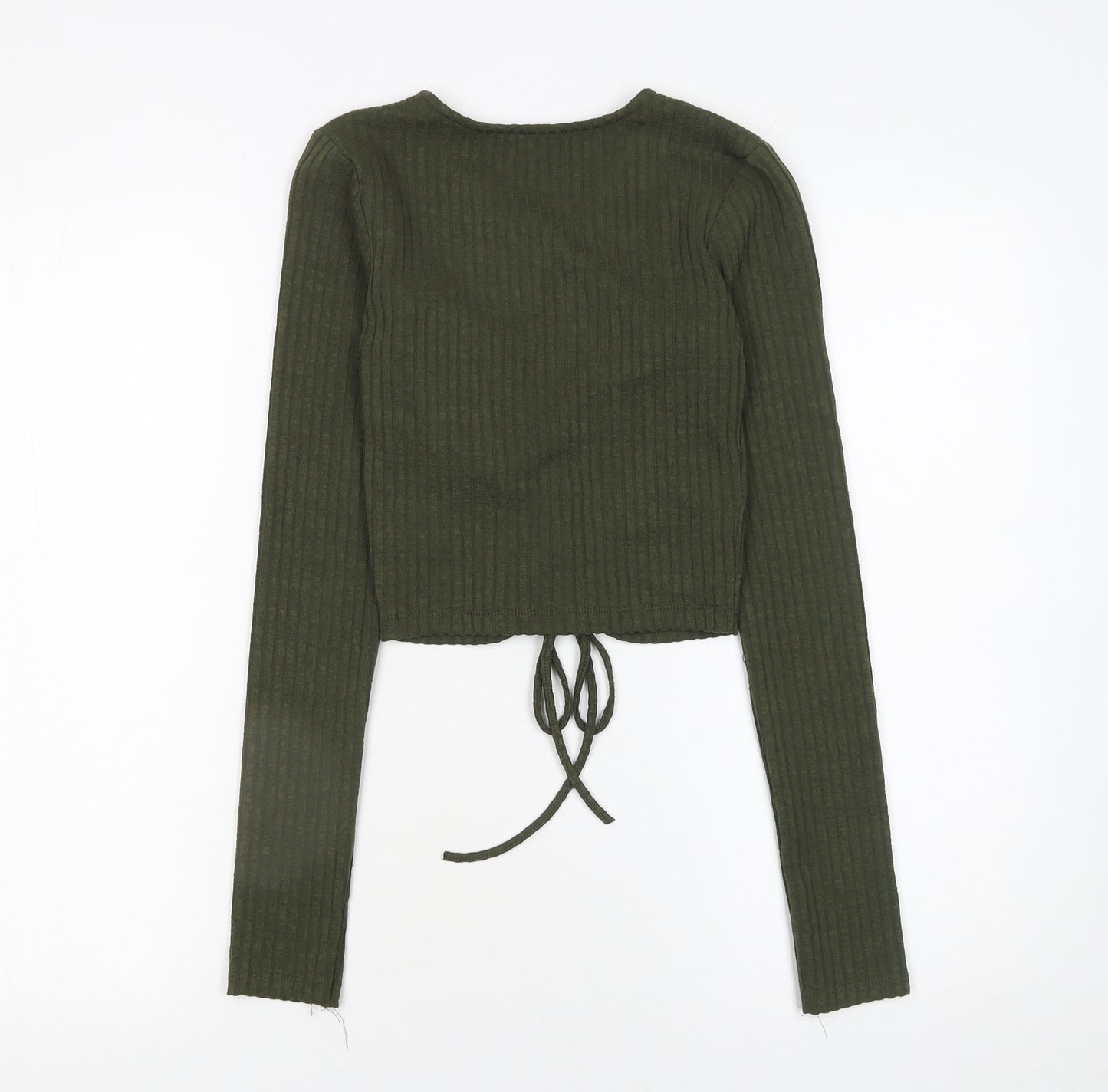 Zara Women Green Cropped Long Sleeve V-Neck Drawstring Top Size S