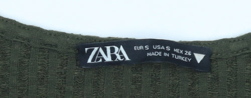 Zara Women Green Cropped Long Sleeve V-Neck Drawstring Top Size S