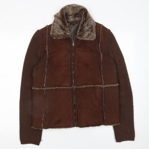 Debbie Morgan Women Brown Faux Shearling Knit Sleeve Jacket M