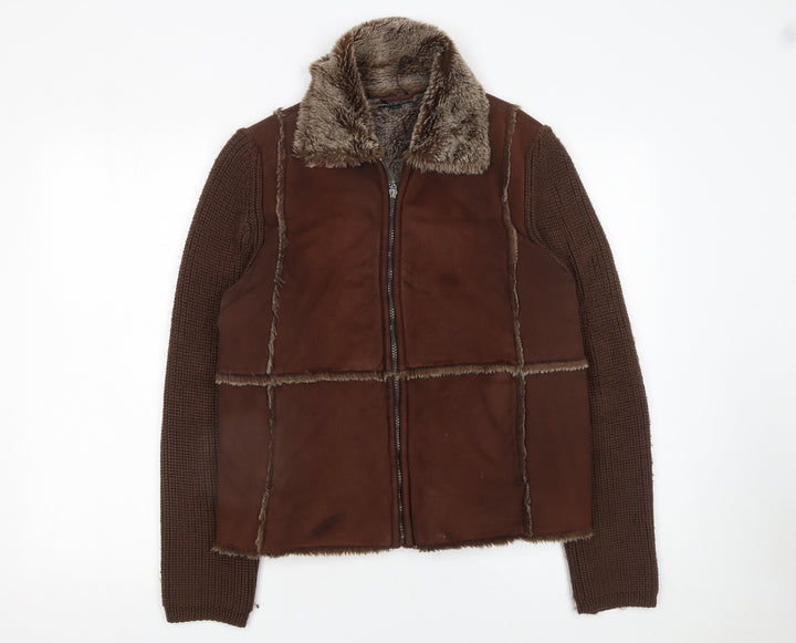 Debbie Morgan Women Brown Faux Shearling Knit Sleeve Jacket M